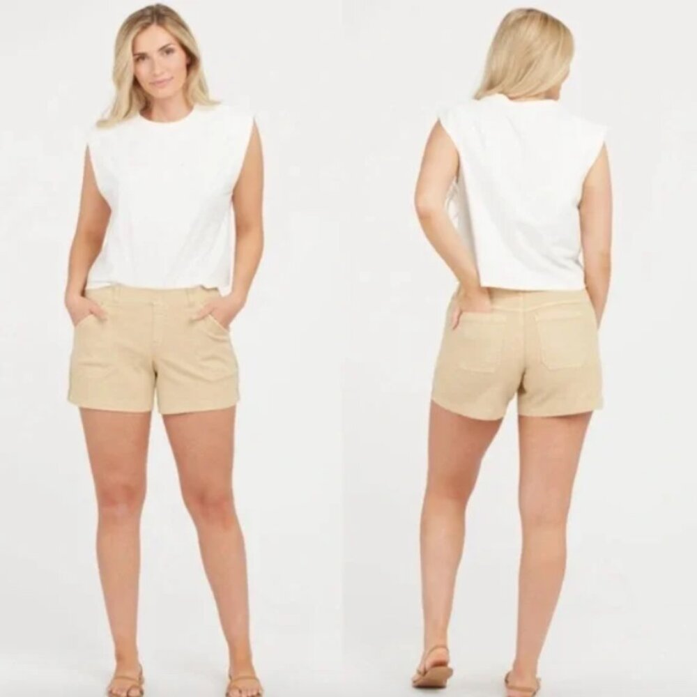 Spanx Khaki  Twill Pull On  Shorts with Stripe XL 16